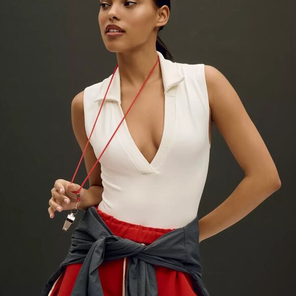 By Anthropologie white collared seamless deep v-neck sleeveless bodysuit S/M - Picture 1 of 4